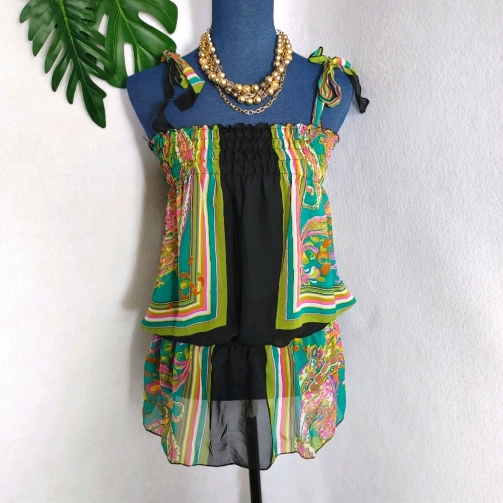 Vintage Sheer Scarf Tiered Blouse Top